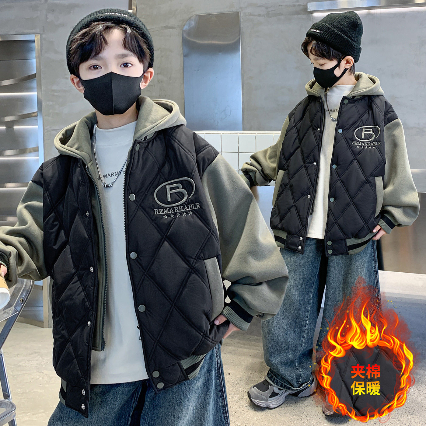 男童夹棉外套2026新款秋冬款棉服中大儿童棒球服男孩冬季保暖上衣