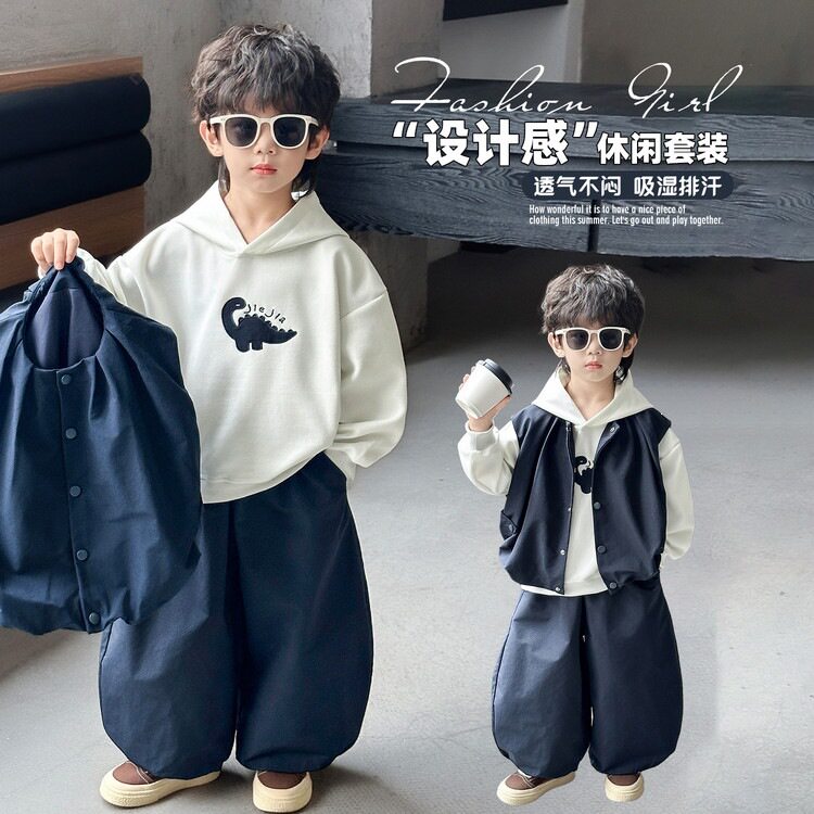 男童春秋装刺绣恐龙卫衣三件套韩版儿童运动潮款套装中小童衣服