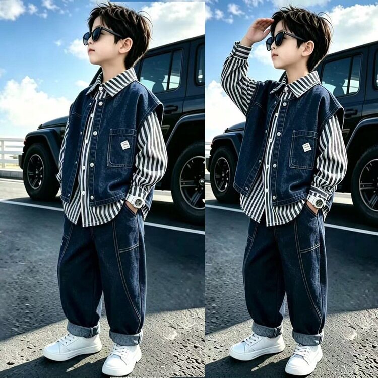 男童春秋装袋盖牛仔三件套韩版儿童帅气潮款套装中大童衣服外贸