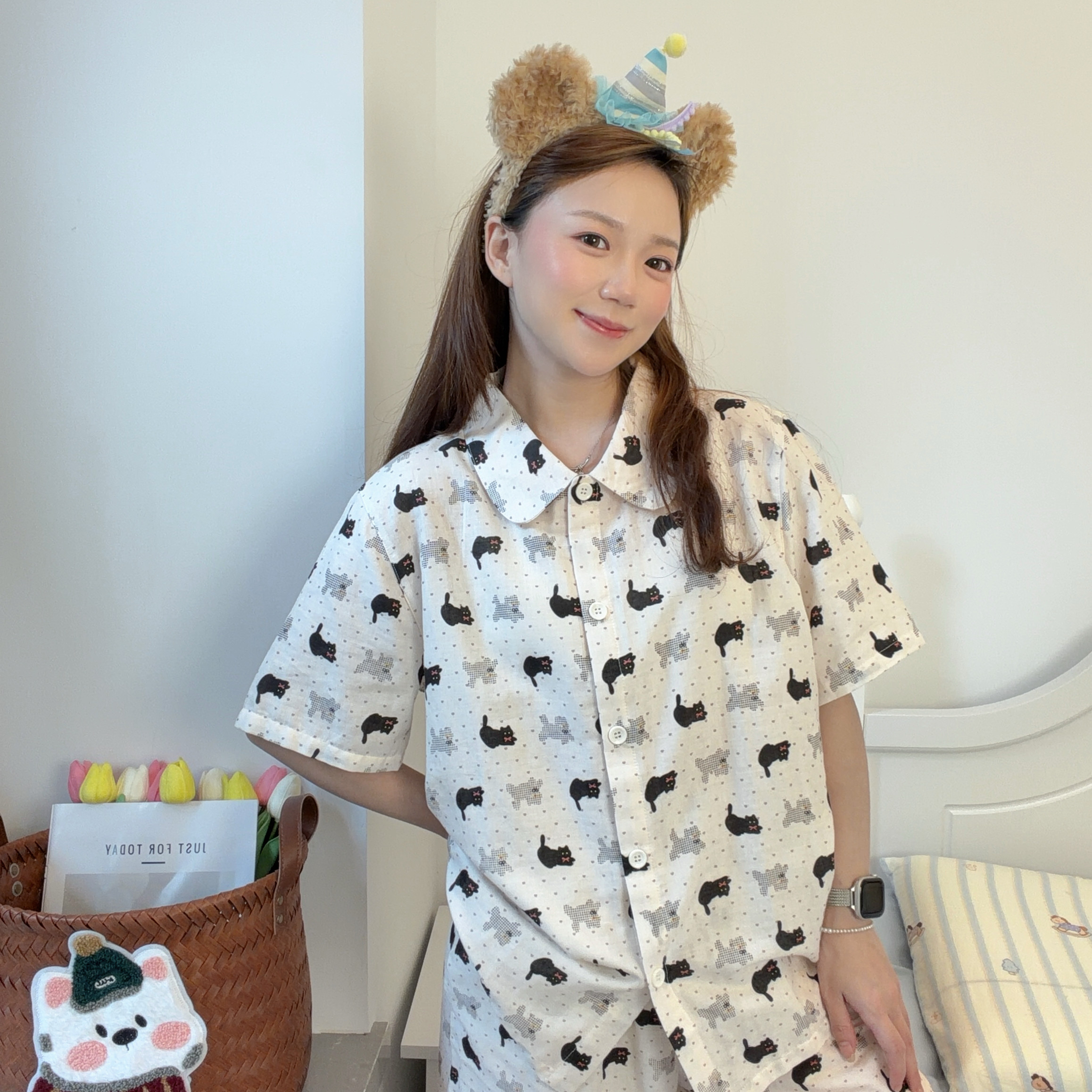 夏季新款全棉印花双层纱短袖短裤夏季可爱风女款家居服睡衣套装