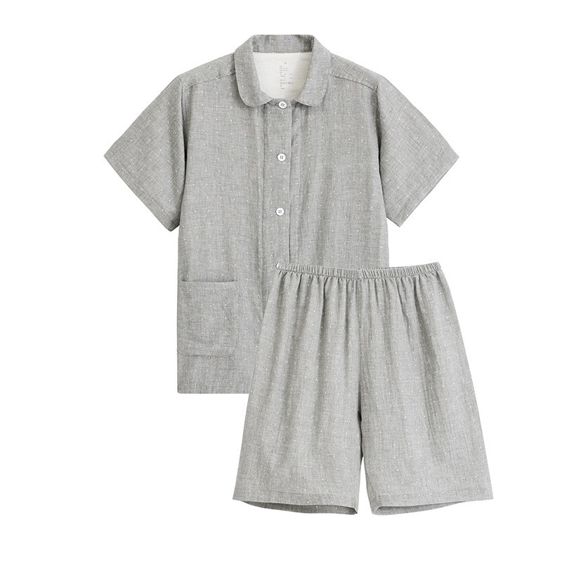 日系纯棉纱布情侣睡衣夏季薄款短袖短裤翻领男女士简约家居服