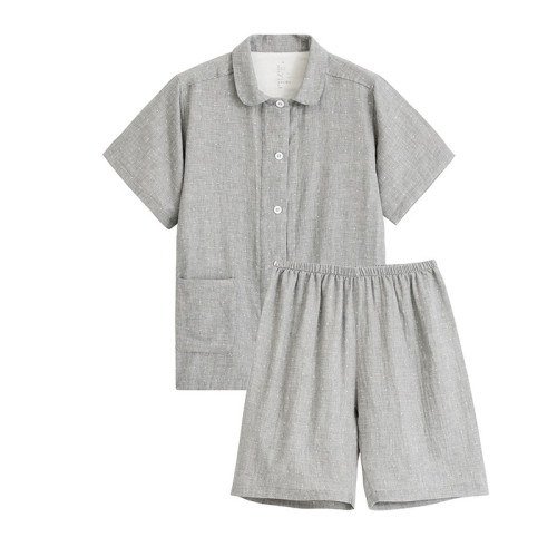 日系纯棉纱布情侣睡衣夏季薄款短袖短裤翻领男女士简约家居服