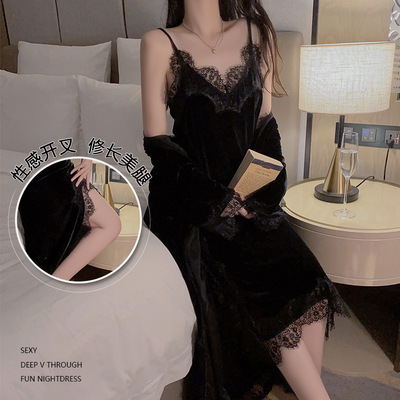 老公给的氛围感睡衣长款开衩性感睡裙拼接蕾丝吊带睡裙外袍女套装