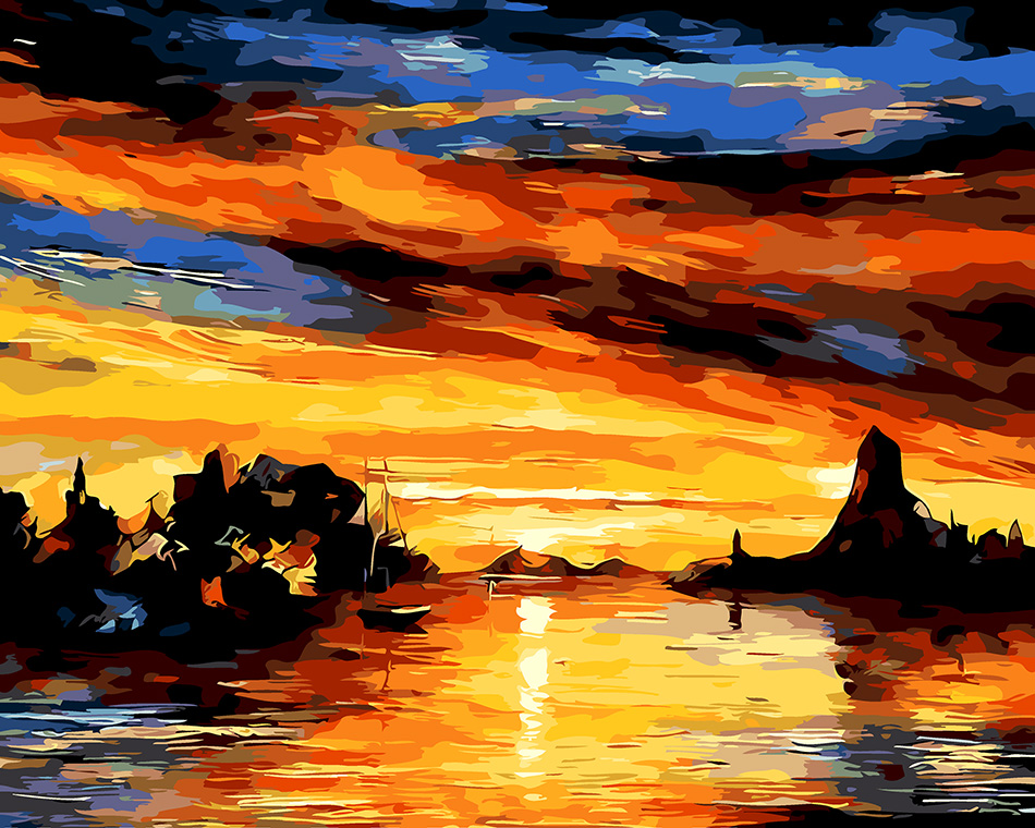 diy数字油画 自然风景 淡彩手工填充减压数码手绘装饰画 日落黄昏
