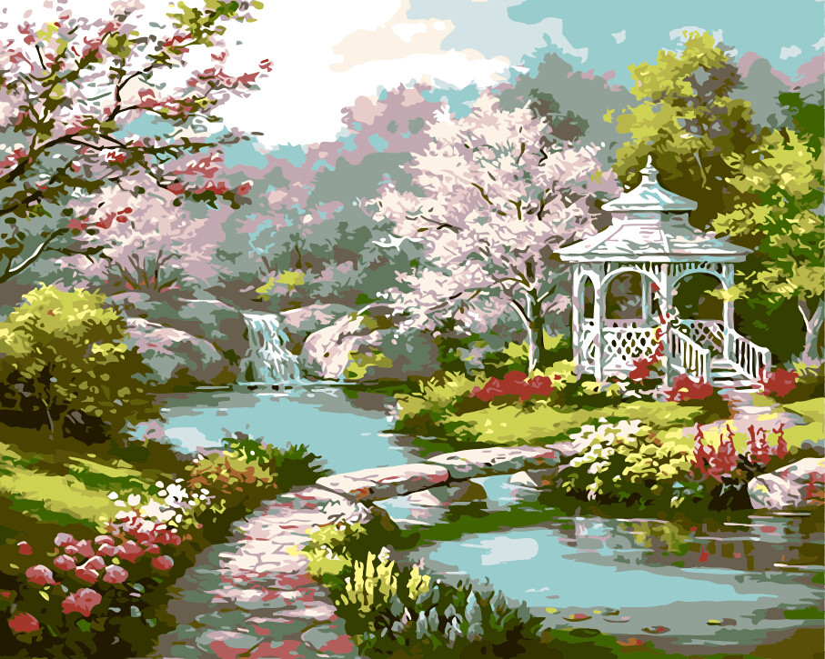 diy数字油画自然风景淡彩手工丙烯颜料数字填充手绘装饰画 桃花园