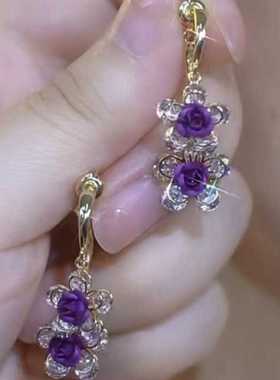 前后戴超闪紫色锆石花朵耳环简约时尚气质轻奢耳坠独特设计感耳饰