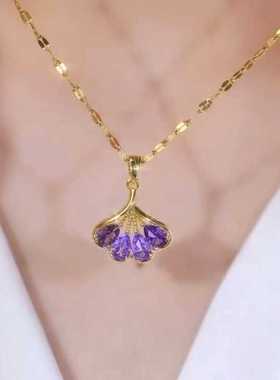 2024新款爆款紫色锆石银杏叶项链