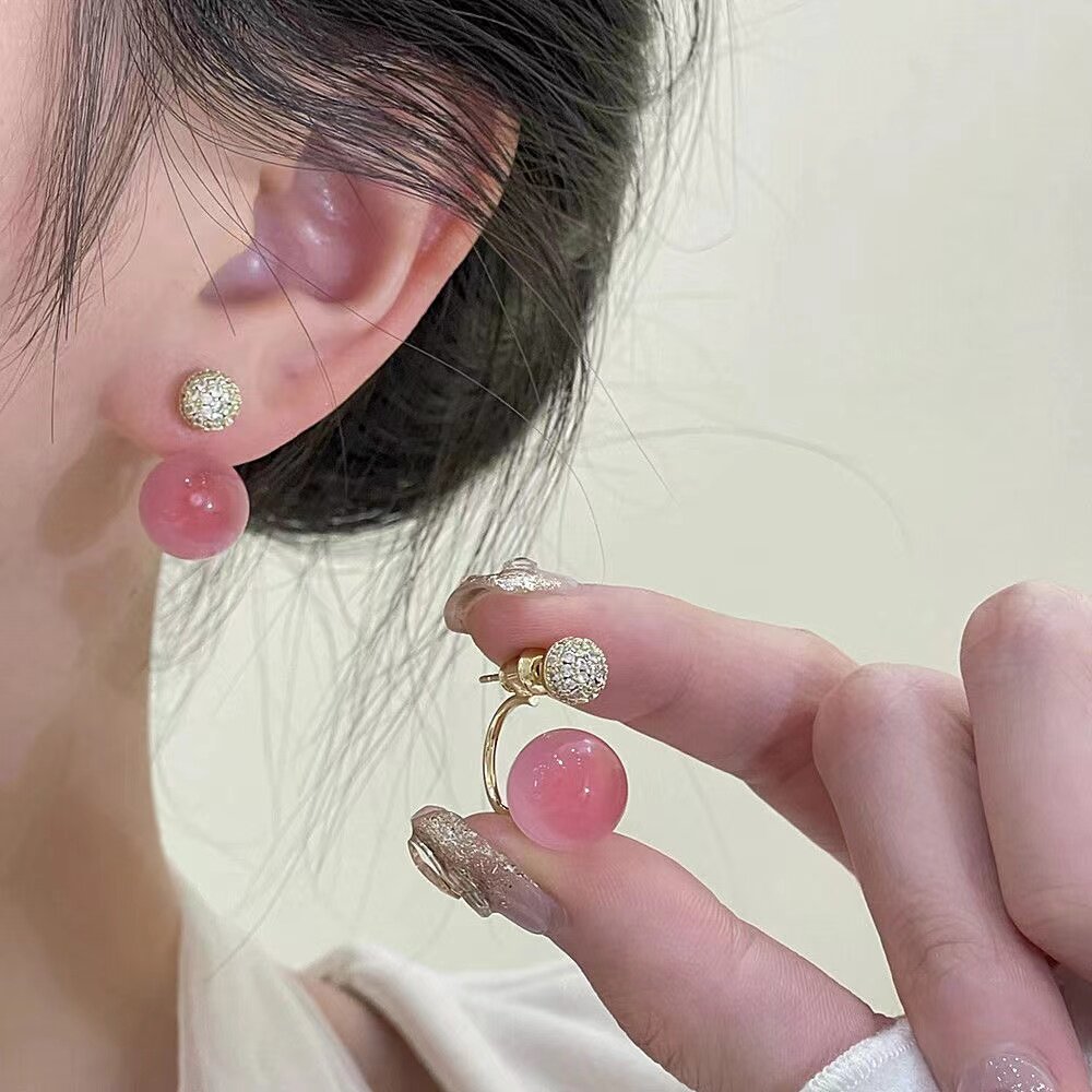 浪漫小清新粉色猫眼石耳钉s925银针两戴耳环甜美气质百搭简约耳饰