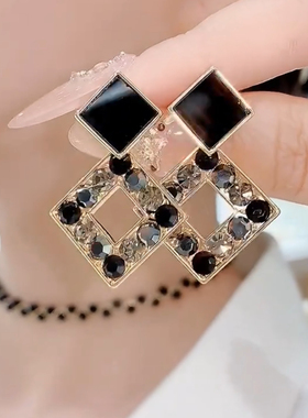 s925银针几何菱形方形耳钉女简约迷你小巧耳环轻奢高级感气质耳饰