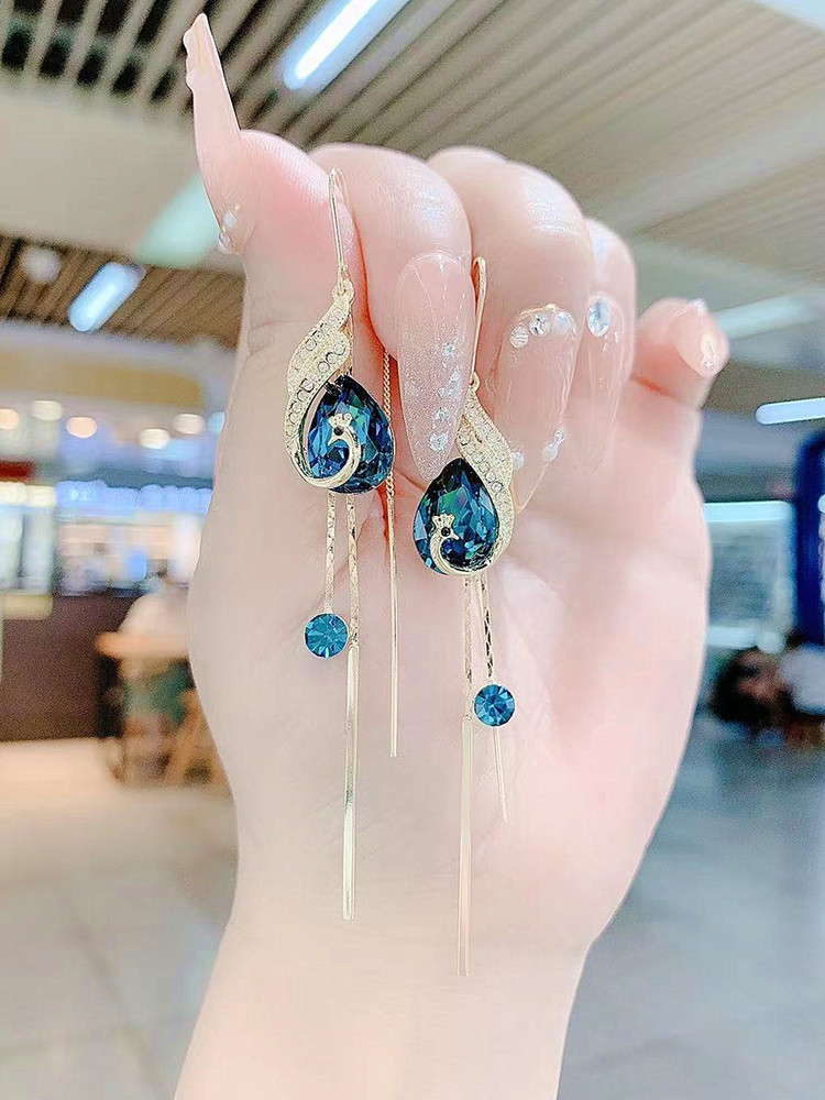 蓝色水晶凤凰新款潮轻奢耳线