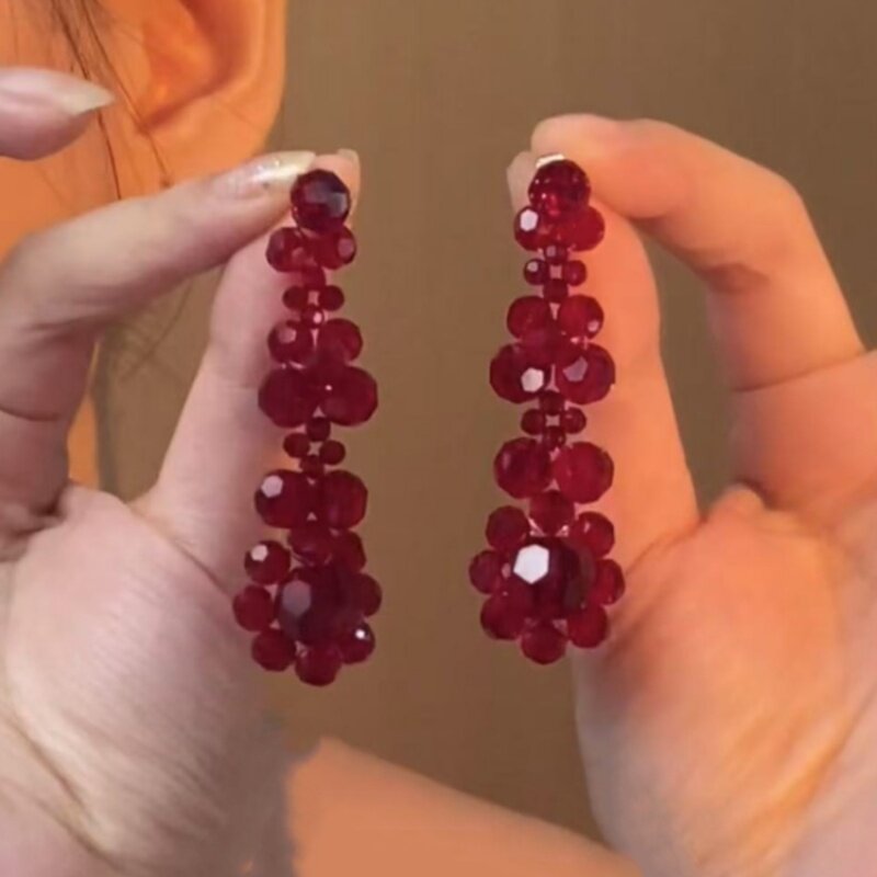 复古红色水晶串珠流苏耳环女
