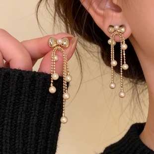 轻奢金色蝴蝶结珍珠长款流苏耳环女甜美气质耳饰2026新款爆款耳坠