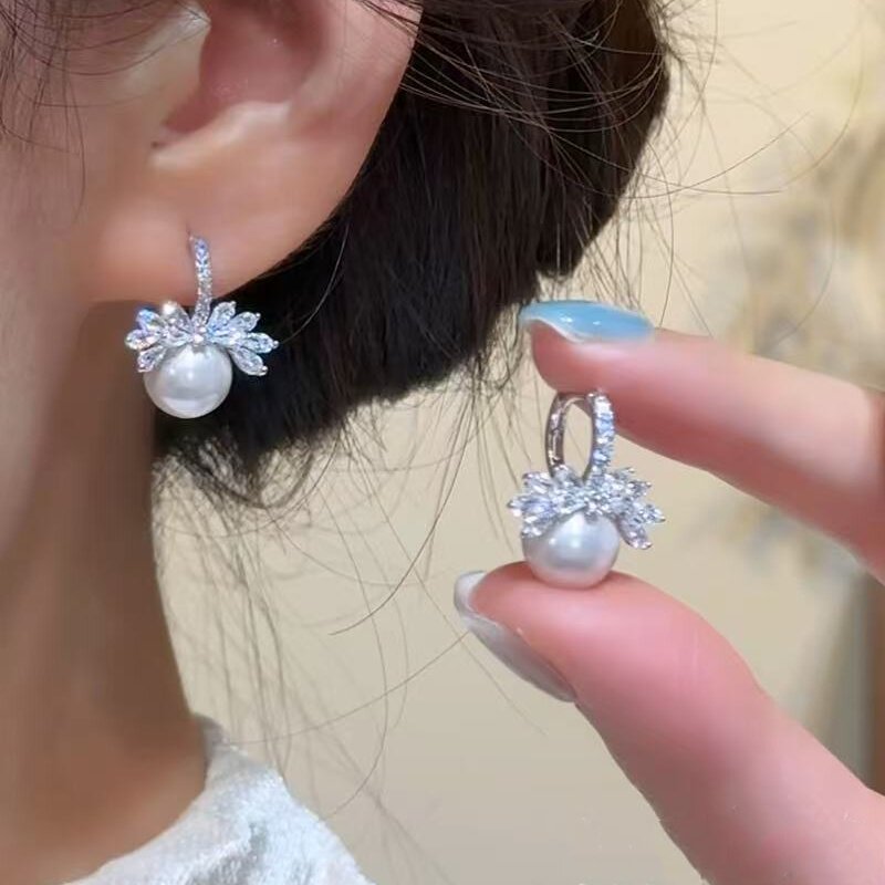 清新甜美名媛风锆石花朵珍珠耳环女2026新款爆款清新百搭叶子耳饰