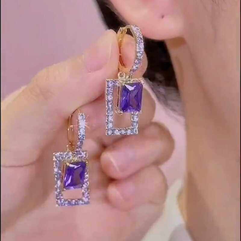 时尚气质紫水晶几何满钻耳环女