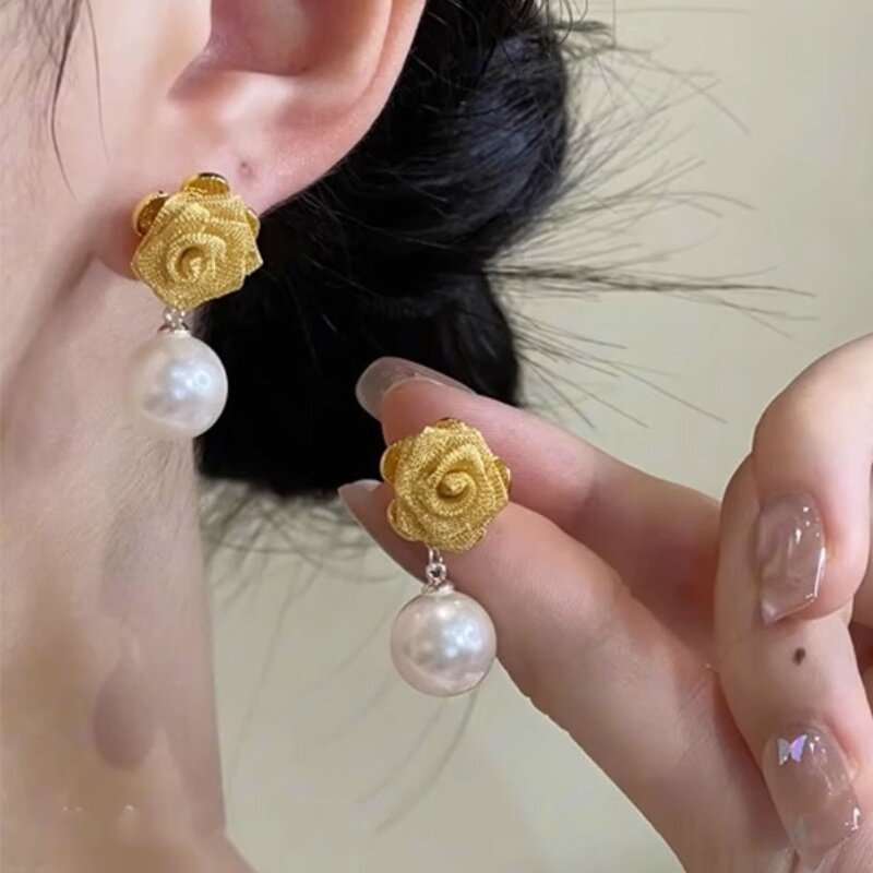 金丝网状玫瑰花珍珠耳坠小众简约