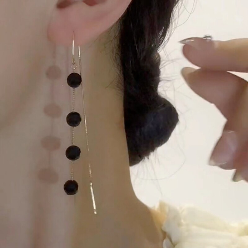 气质轻奢长款黑色水晶流苏耳线女