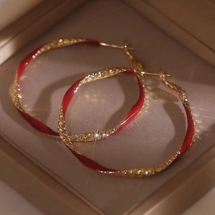复古红色滴釉复古扭纹耳圈2025新款爆款夸张耳环925银针小众耳饰