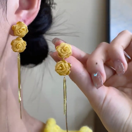 小众高级感长款玫瑰花s925耳环