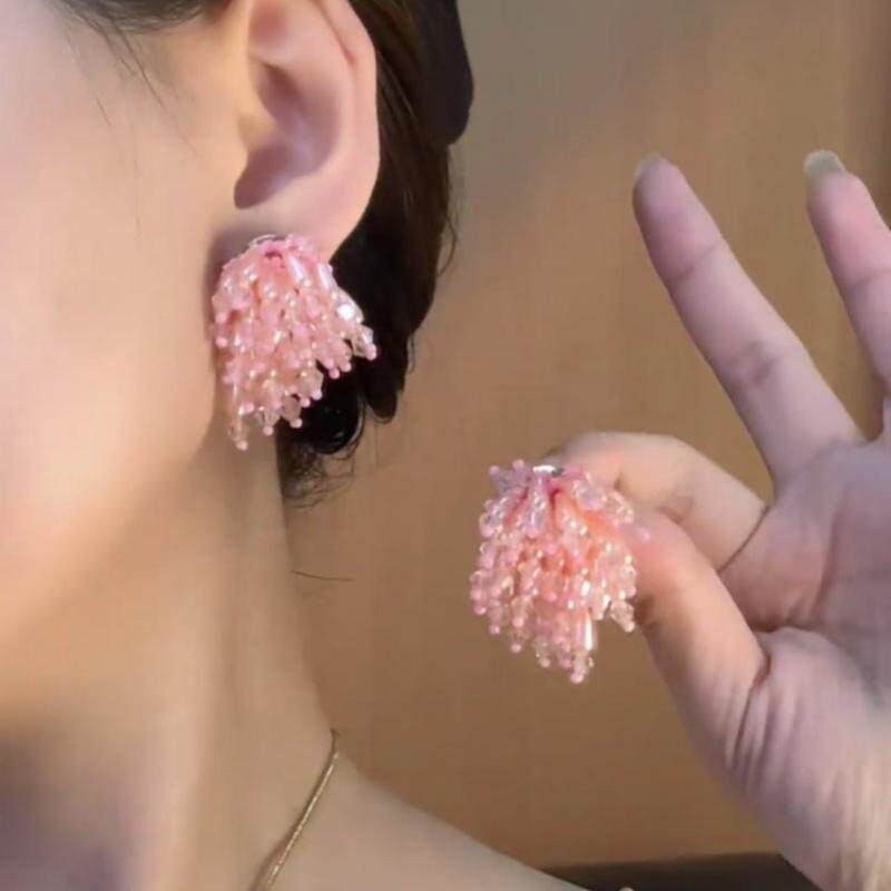 粉色炫彩烟花流苏百搭耳环2025新款爆款耳钉时尚少女气质显白耳饰