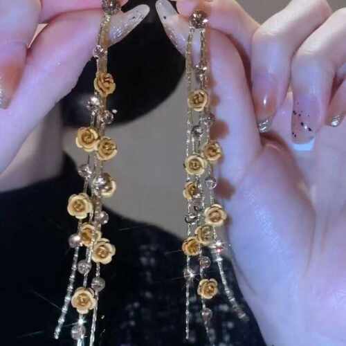 超仙咖色玫瑰花长款流苏耳环女