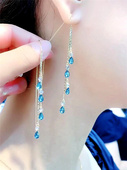 高级感网红轻奢耳环 时尚 韩国气质蓝色水晶长款 流苏耳线2025年新款