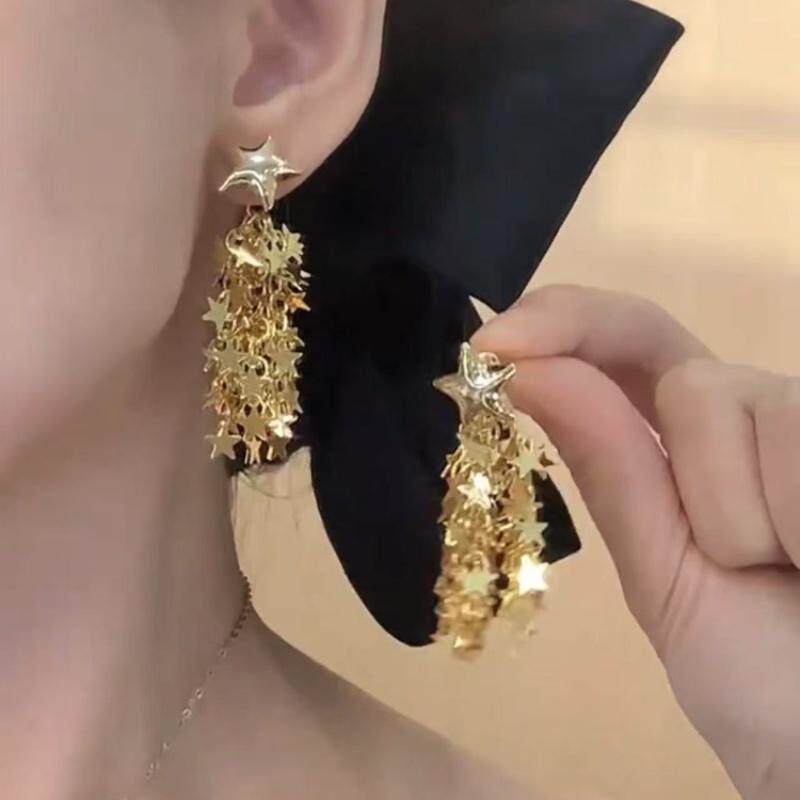 一款两戴式金色星星亮片流苏耳环女设计感夸张耳钉方圆脸显瘦耳饰