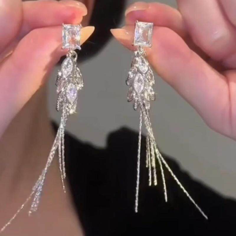 简约时尚银色麦穗流苏耳线女小众设计高级感耳环气质长款精美耳饰