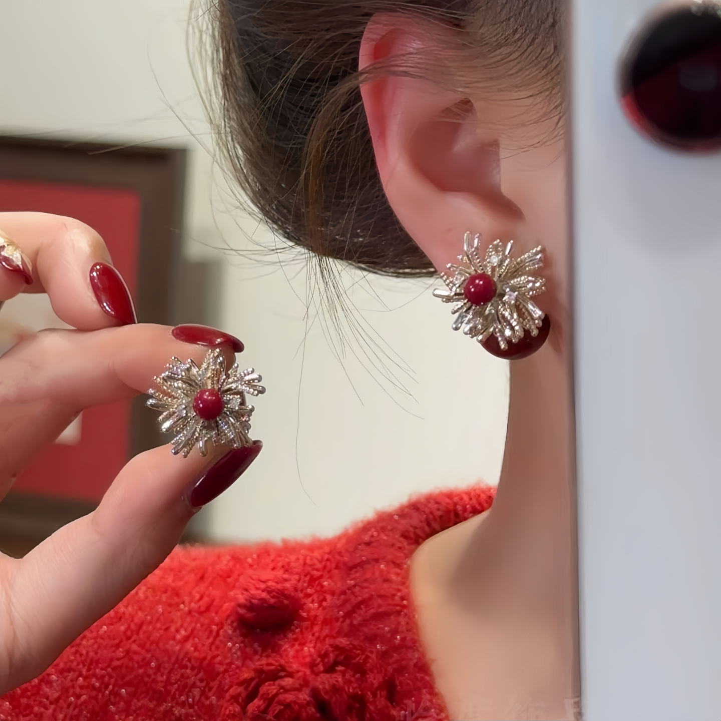 红色珍珠烟花前后戴耳钉2026新款爆款高级感超环独特漂亮时尚耳饰