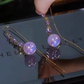 流苏耳环 气质耳饰百搭长款 小众设计紫色珍珠锆石耳线2024新款 爆款