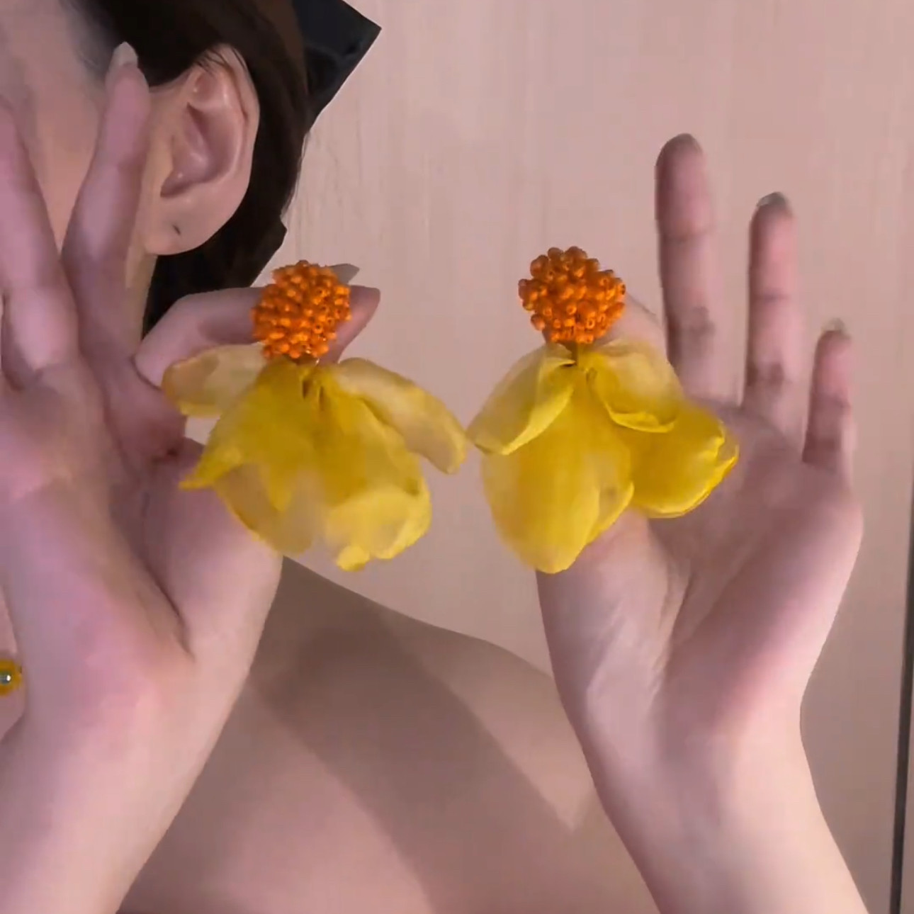 法式黄色雪纺花朵耳环复古超仙气质夸张度假风小众设计感耳饰耳环