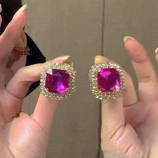 时尚名媛大气方形玫红宝石耳钉女复古新娘婚礼精致耳环高级感耳饰