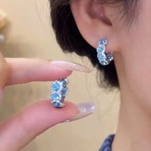 清新大气蓝色锆石耳环女2025新款爆款高级感耳圈轻奢优雅气质耳饰