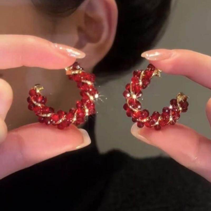 红色复古中古琉璃钻耳环