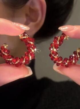 红色复古中古琉璃钻耳环