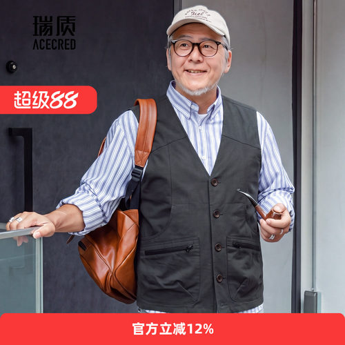 爸爸马甲男中老年宽松纯棉多口袋