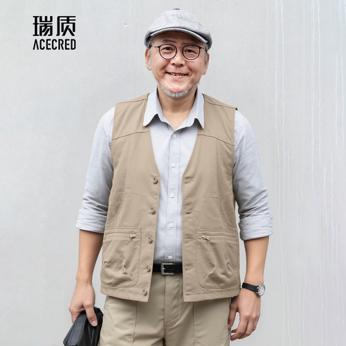 爸爸马甲男中老年宽松纯棉多口袋