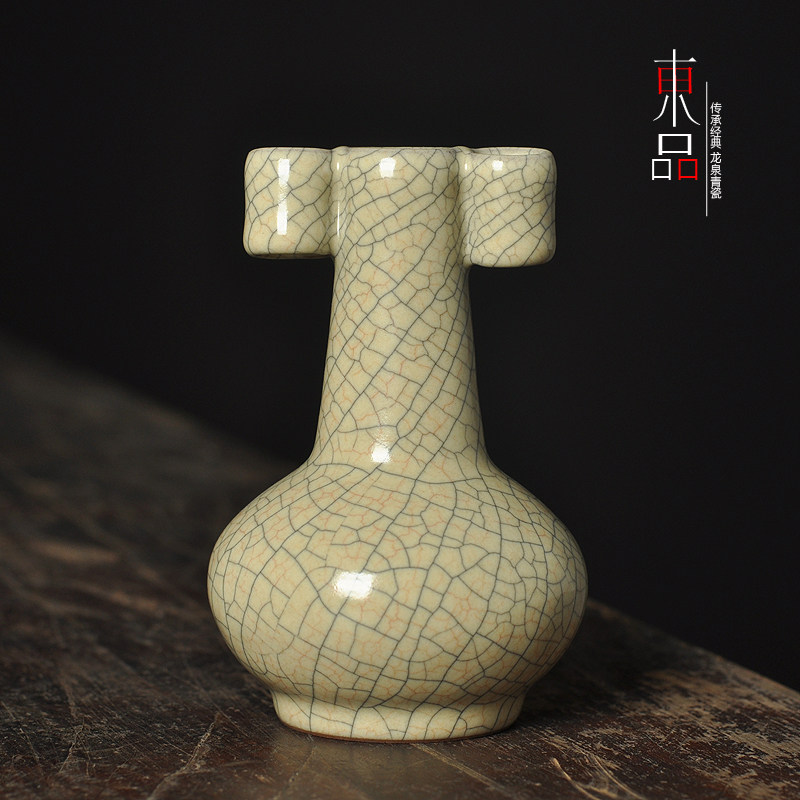 吴建传世哥窑花瓶青瓷仿古花器贯耳瓶墨纹梅花开片投壶博古架摆件