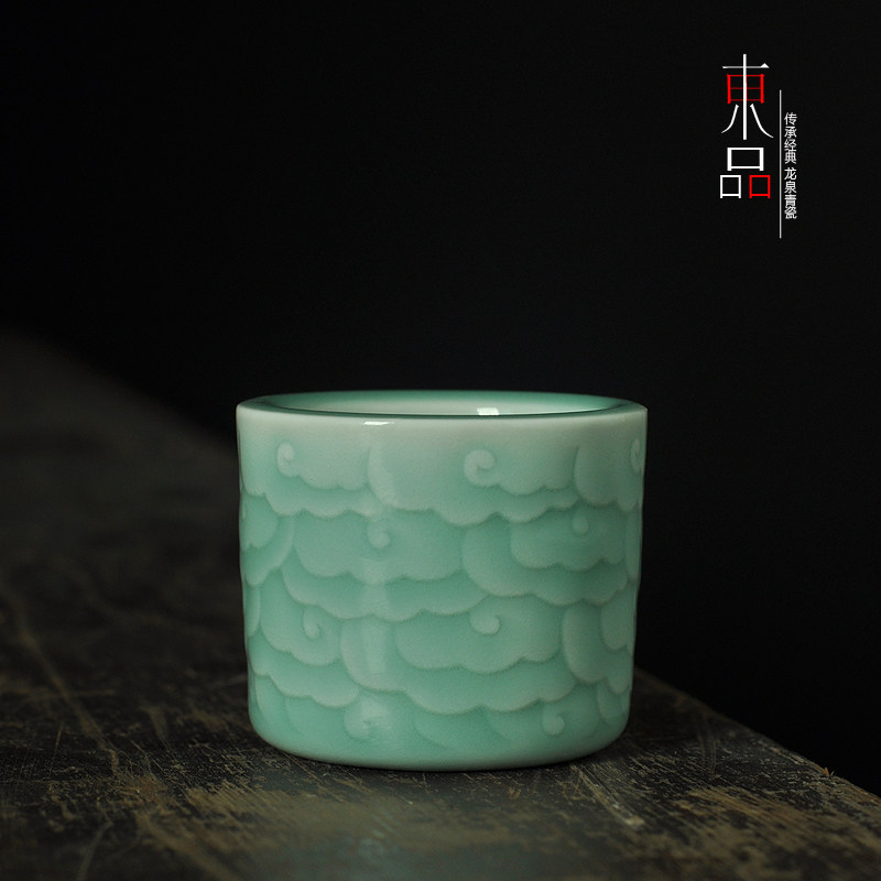 龙泉青瓷茶杯 名师雷慧仙纯手工弟窑粉青祥云扳指杯茶具普洱茶杯