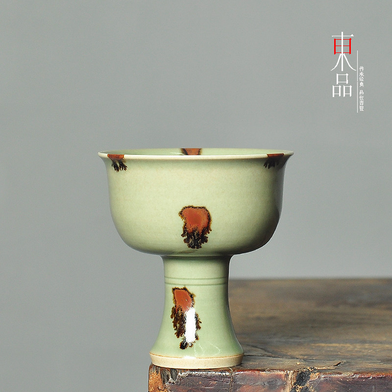 张晞龙窑柴烧高足仿古点彩品茗杯