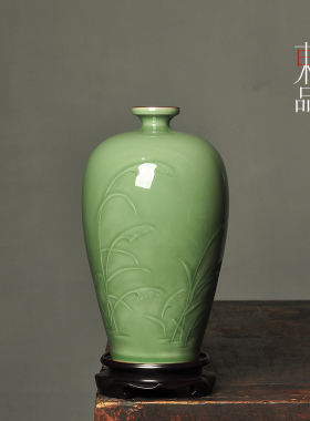 刘爱芬青瓷全手工花瓶家居玄关客厅摆件陶瓷鸳鸯戏水梅瓶台面花器