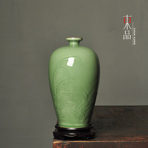 刘爱芬青瓷全手工花瓶家居玄关客厅摆件陶瓷鸳鸯戏水梅瓶台面花器