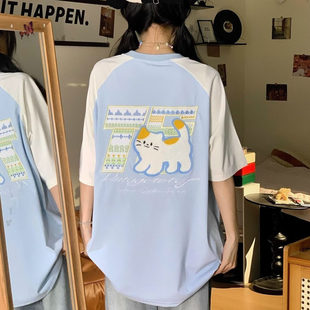 情侣宽松休闲百搭上衣 美式 可爱猫咪刺绣纯棉插肩袖 短袖 T恤女夏季