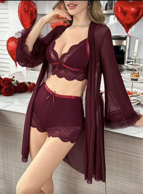 25032薄款睡袍吊带文胸套装女士内衣深V蕾丝酒红色精美的三件套装