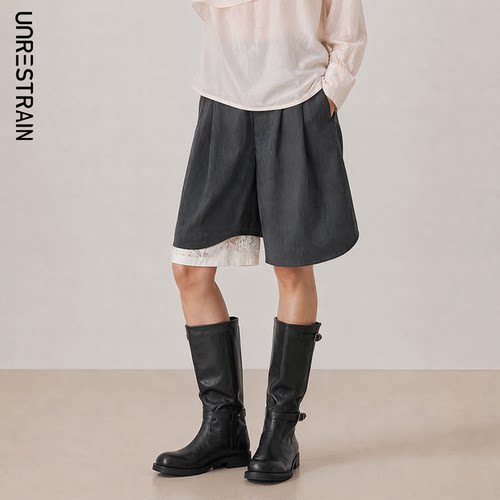 UNR蕾丝拼接阔摆中裤女休闲短裤