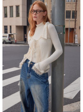 【UNRESTRAIN】UNR设计师品牌假两件蕾丝拼针织修身开衫