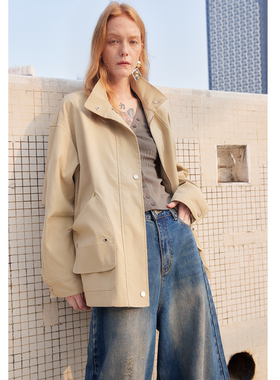 【UNRESTRAIN】UNR设计师品牌翻领经典大口袋夹克女卡其外套