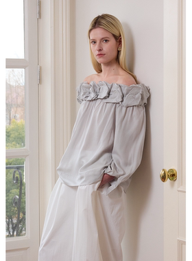 【UNRESTRAIN】UNR设计师品牌一字肩荷叶边长袖衬衫上衣女显瘦