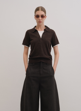 UNRESTRAIN「UNR」高阶玩家 假两件小翻领针织衫女短袖上衣修身