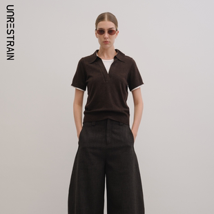 UNRESTRAIN「UNR」高阶玩家 假两件小翻领针织衫女短袖上衣修身