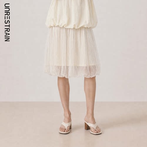 UNR植绒波点网纱花苞半身裙女